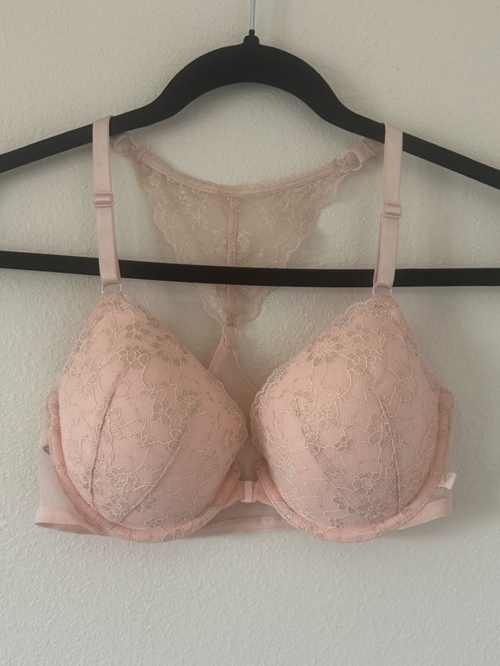Victoria's Secret Demi Light Pink and Gold Lace Floral Racerback Mesh Bra 34D